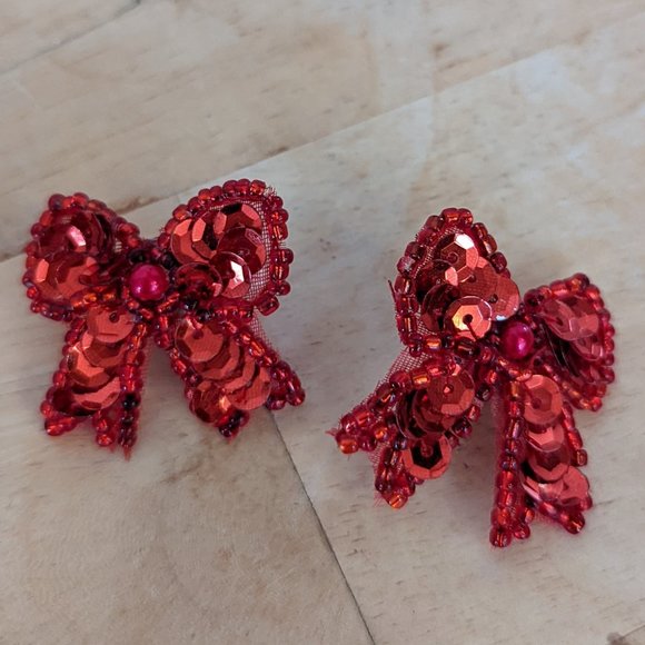 Vintage 80s Red Sequin and Bead Bow Earrings Stud Backing - Picture 1 of 3